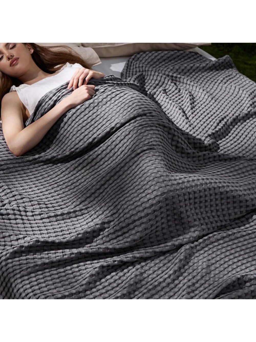 Cooling Waffle Blanket for Hot Sleepers, Dark Grey Queen Size 90"x90" - Soft